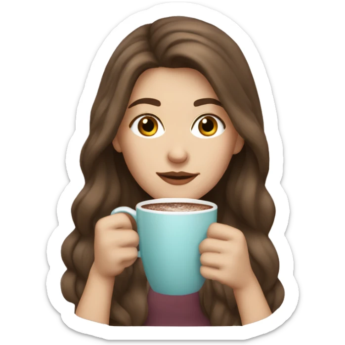 white girl with brown long hair and a hot chocolate sticker