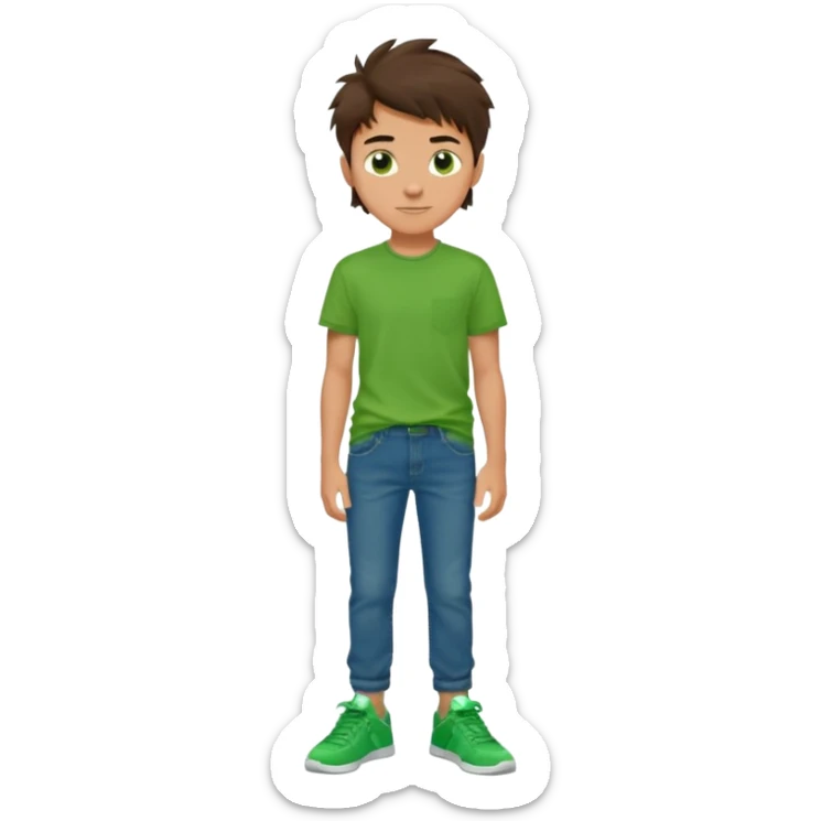 A 14 yerar old teenage boy, tanned, wearing a green t-shirt , blue jeans and green sneakers with dark brown tousled hair, smirking sticker
