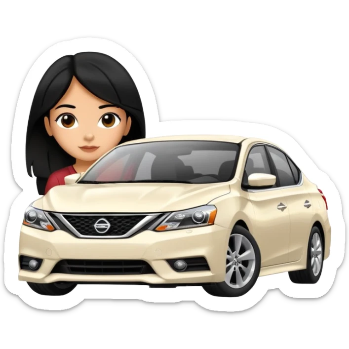 pretty hispanic girl with black hair in front of a white nissan sentra SR 2016 sticker