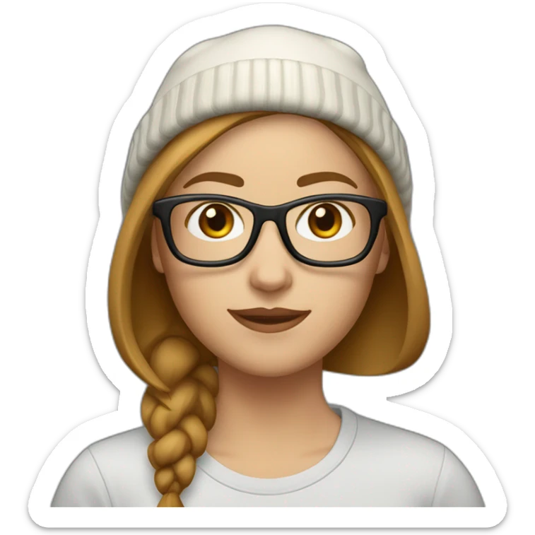 30 year old white woman short straight light brown hair with a beanie on her heard and glasses sticker
