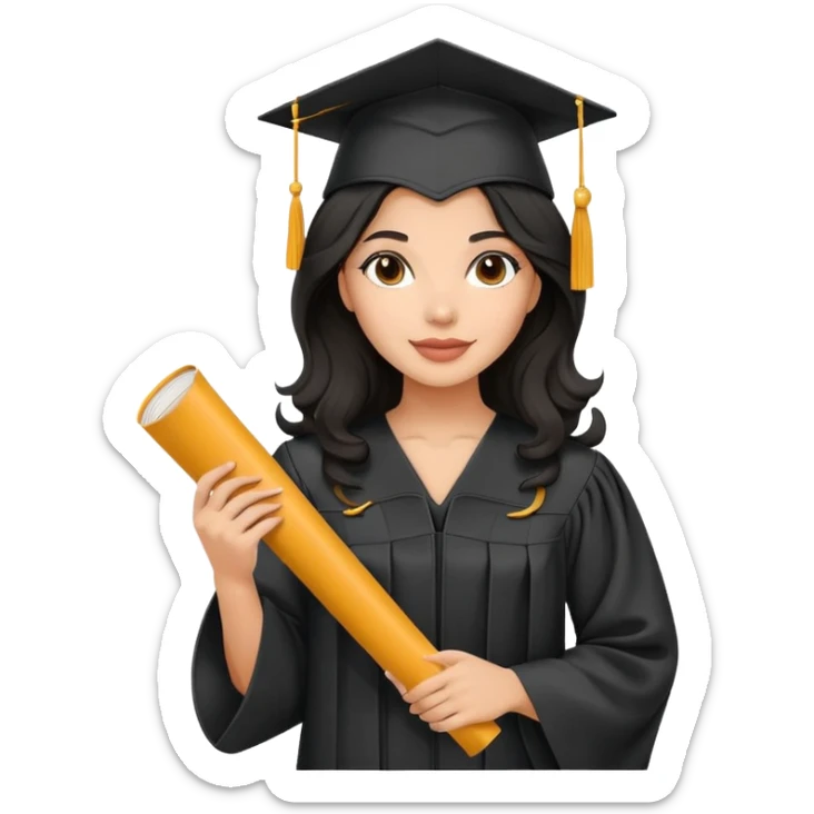 beautiful latina woman with wavy black hair wearing graduation cap and gown, holding diploma sticker