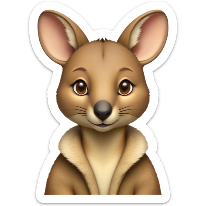 Cinematic Noble Wallaby Portrait Emoji, Poised and regal, with a compact, agile build and a soft, well-groomed fur of warm tan and light brown hues, deep-set soulful amber eyes and perky ears, Simplified yet sharp and sophisticated features, highly detailed, glowing with a soft, dignified glow, high shine, intelligent and spry, stylized with an air of bushland elegance, focused and attentive, soft glowing outline, capturing the essence of a watchful and confident marsupial, so majestic it feels as though it could hop out of the screen with effortless authority! sticker