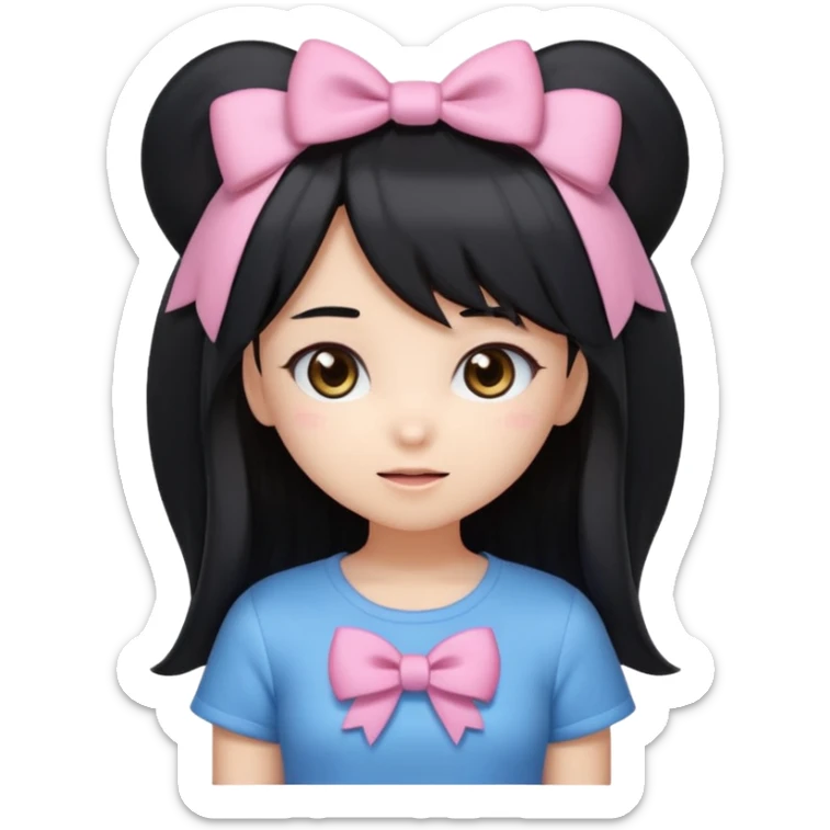 A kawaii-style emoji of a cute anime girl with long, straight black hair, with side bangs, big shiny brown eyes, and soft makeup. She has a small pink bow on her hair and is wearing a pastel blue top but with a Sonic the Hedgehog design printed on it (cute Sonic style). sticker