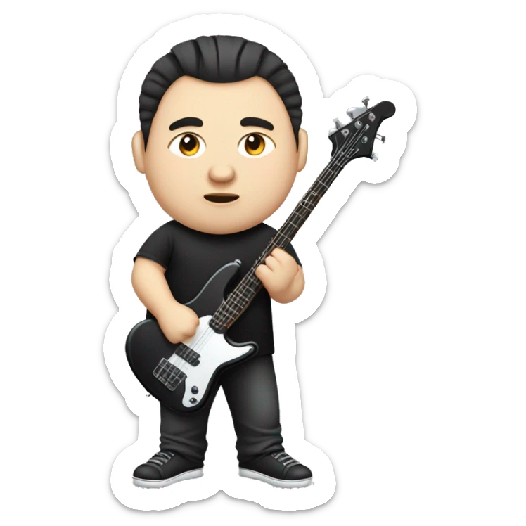 chubby chinese guy with fair skin, man bun, black shirt and bass guitar caricature sticker