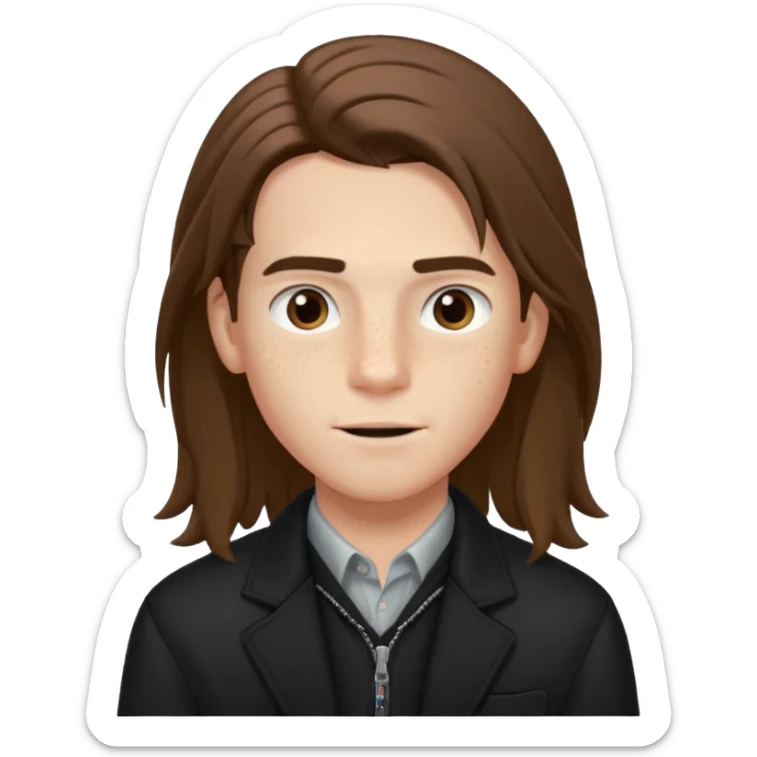 Un chico con pelo largo, que le llegue hasta las cejas, tiene pecas, brackets, ojos cafés oscuros y con una chaqueta negra sticker