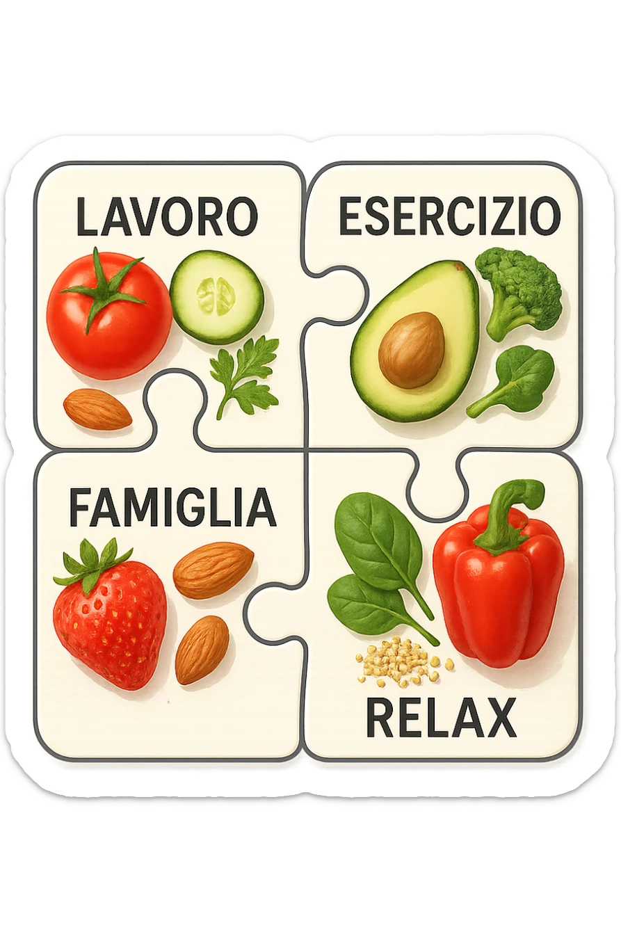 Puzzle (Lavoro, Esercizio, Famiglia, Relax), and healthy foods are integrated into each piece. in italiano sticker