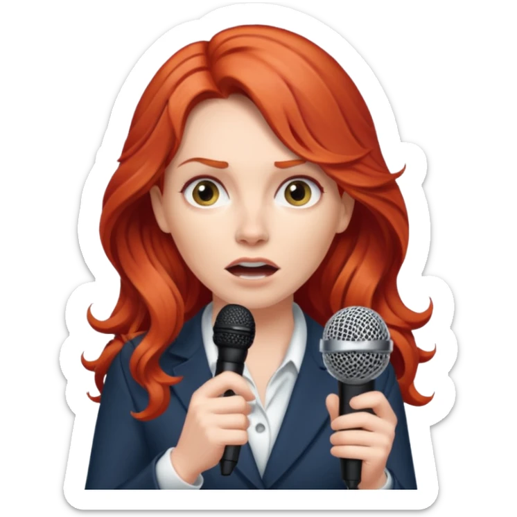 Intense fear of public speaking, white woman, long curly red hair, make hair more wavy and less puffy. Please add a microphone. sticker