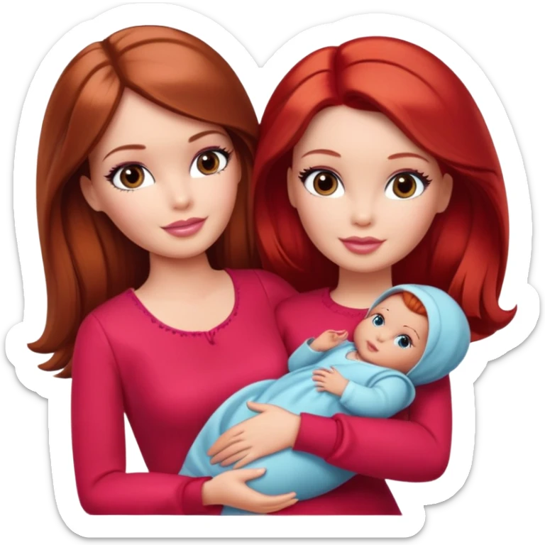 A barbie girl with makeup with brown hair long with a baby, a daughter, a girl with red hair, holding her hand in red clothes sticker