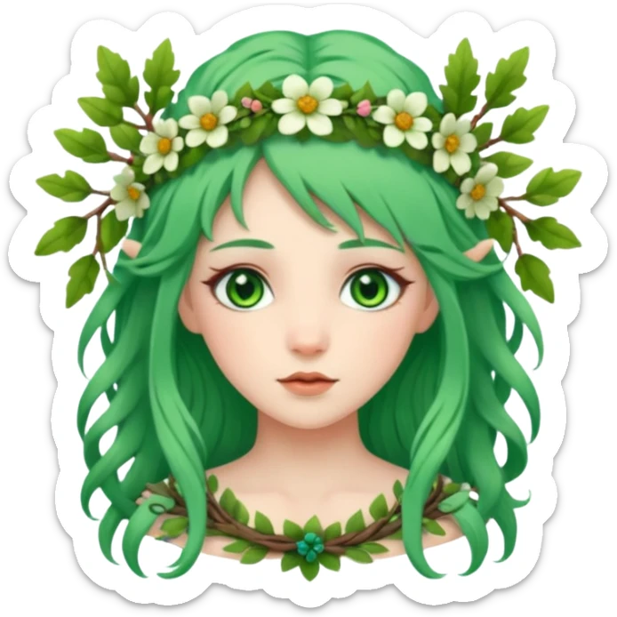A forest princess with green hair, green eyes, wearing a wreath of flowers and branches sticker
