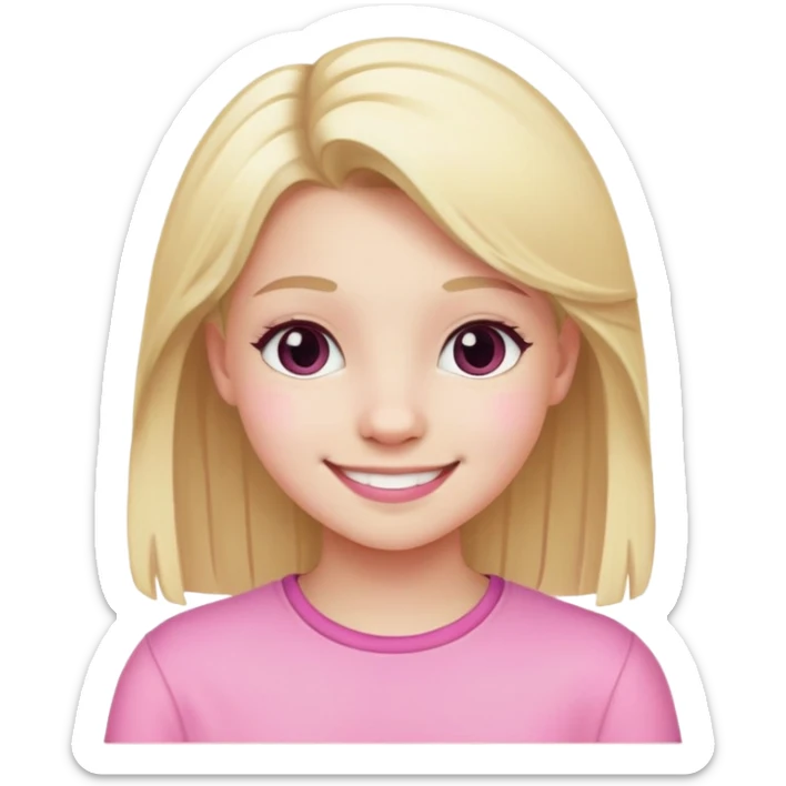 "- Nữ - 15 tuổi - Da trắng - Tóc vàng xõa, tết 1,2 lọn nhỏ - Mặt xinh, áo hồng, cười" sticker