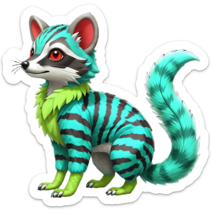 Colorful neon red-striped cyan-spotted lime-green tropical exotic cute cool beautiful shiny beautiful fantasy-civet-genet-sergal-vernid-Gryphon-Cacomistle-Trico-oncilla-animal-Fakémon-hybrid-fursona (full body) sticker