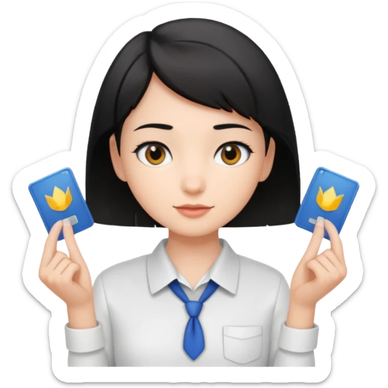 A young guide with short black hair and fair skin is wearing a white shirt, showcasing her license with both hands, which is horizontal. sticker
