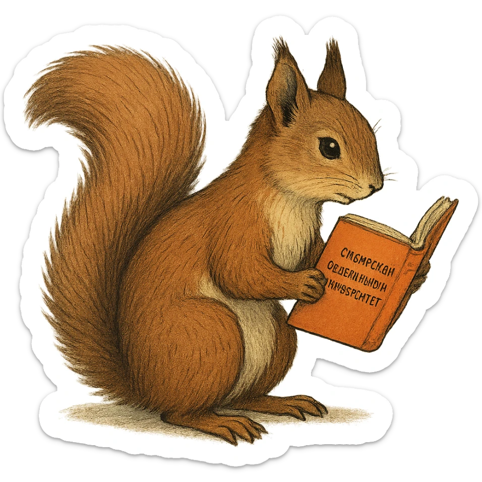 A cute brown squirrel with an orange book, studying at Siberian Federal University, side view, full body, detailed fur, intelligent and beautiful sticker