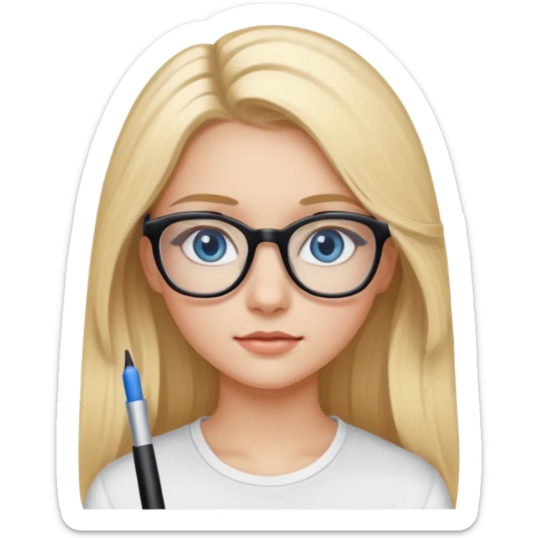 Fille 20ans qui a des cheveux long et blond  avec des lunettes et des yeux bleu- gris avec du mascara sur les yeux et un haut blanc sticker