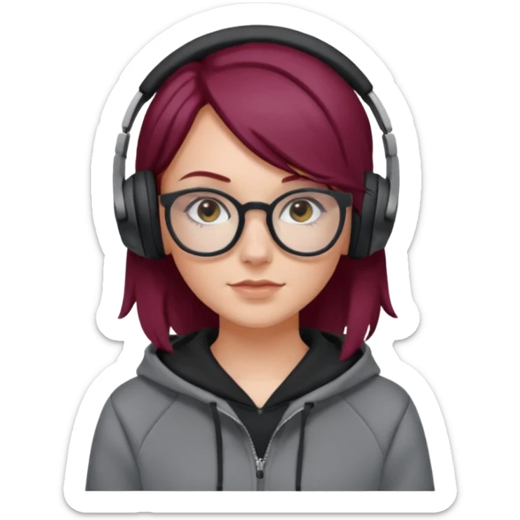 white girl with burgundy hair, gray glasses, black deportive hoodie and black headphones sticker