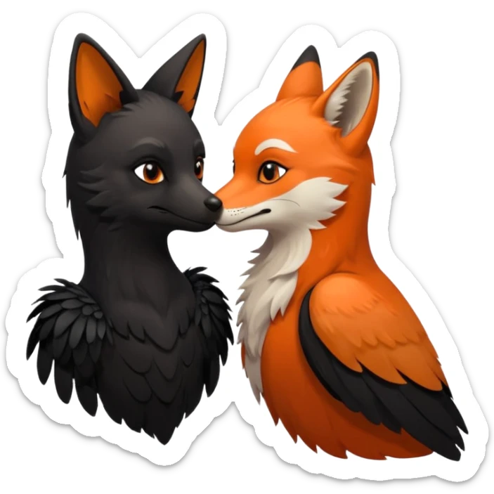 A female crow and a male fox kissing each other. sticker