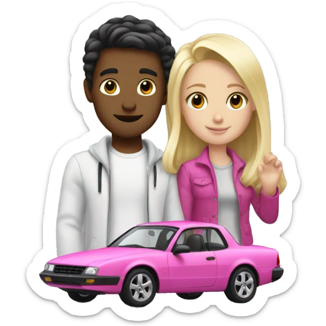 white boy with dark hair buying blonde girl pink car sticker