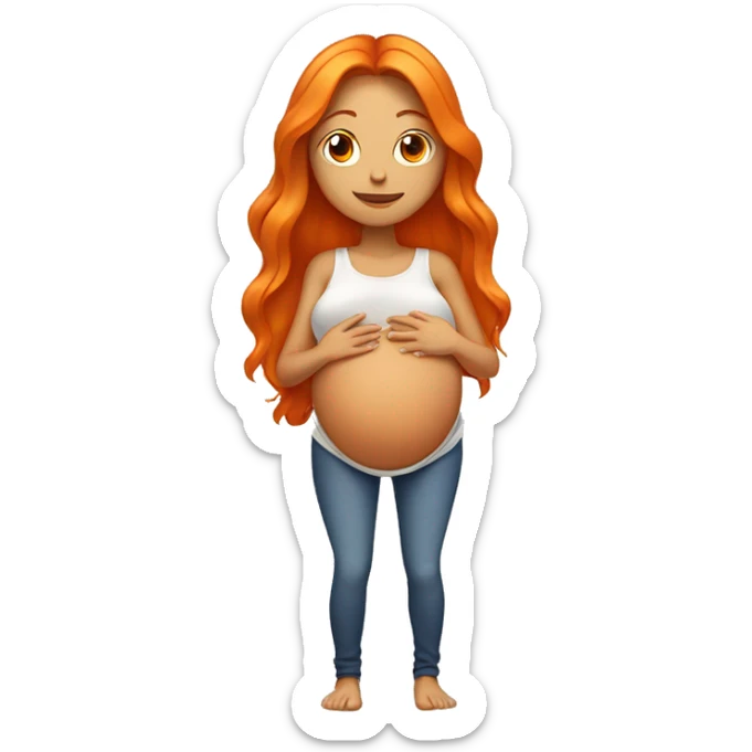 Tan girl with long orange hair holding pregnant stomach sticker