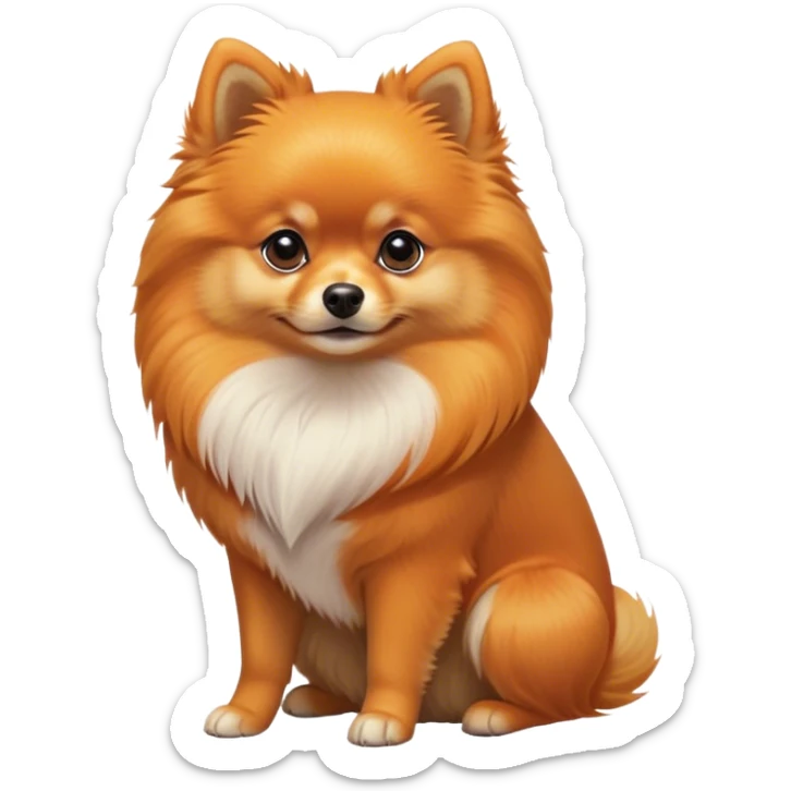 Cinematic Noble Orange Pomeranian Portrait Emoji, Poised and regal, with a compact, fluffy build and a meticulously groomed vibrant orange coat, deep-set soulful brown eyes, Simplified yet sharp and sophisticated features, highly detailed, glowing with a soft, dignified glow, high shine, intelligent and spirited, stylized with an air of elegance, focused and attentive, soft glowing outline, capturing the essence of a watchful and confident companion, so majestic it feels as though it could prance out of the screen with effortless authority! sticker
