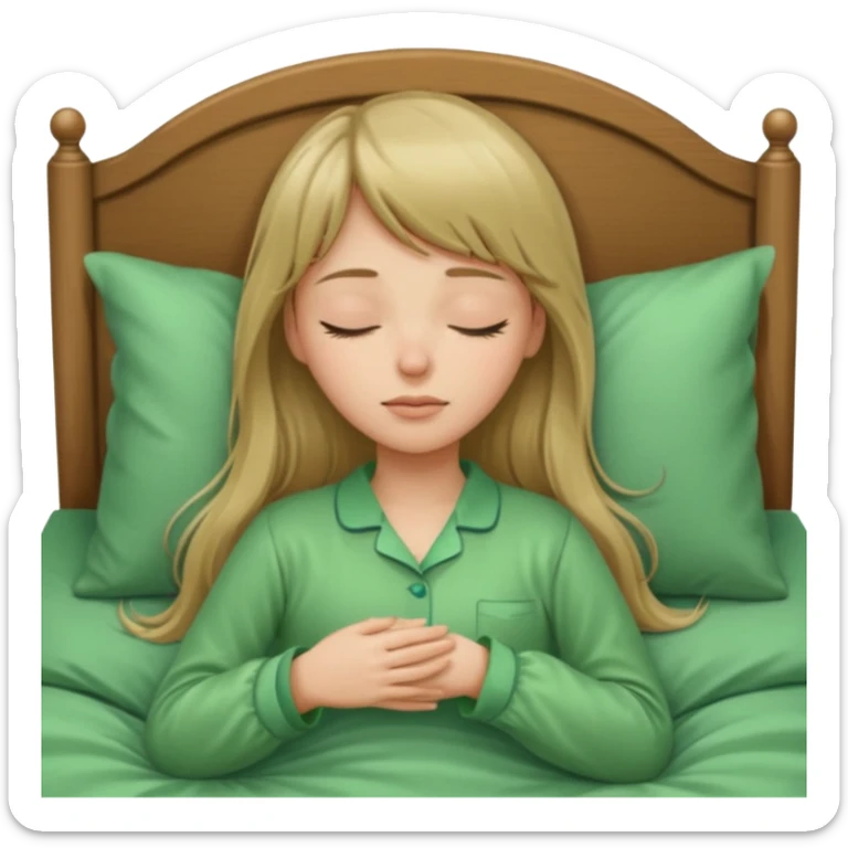 Young woman with long dark blond hair and a bang sleeping in bed  with green pyjama sticker