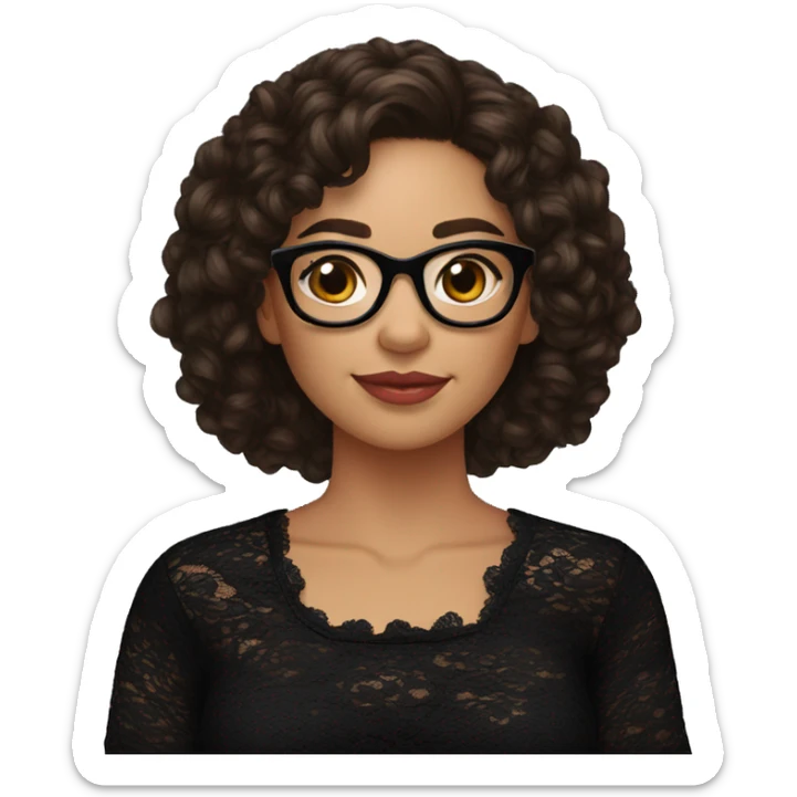 Hispanic woman with black glasses and long brown curly hair over the shoulder, holding yarn wearing a black lace shirt sticker