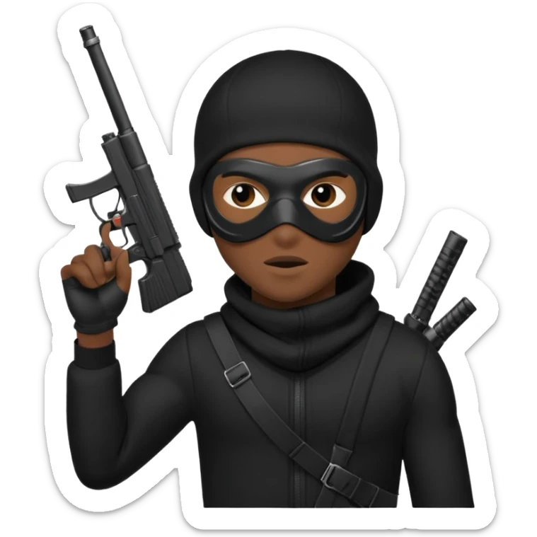 A young African male wearing a ski mask in full black clothing, holding a micro Draco gun in the air carelessly sticker