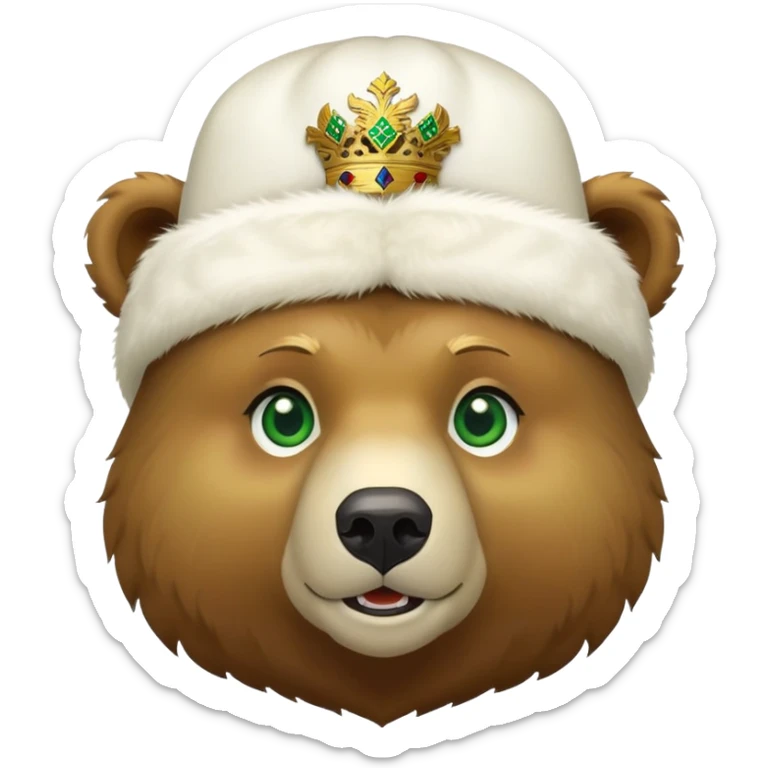 Cute grizzly bear face with green eyes, wearing a white fur hat with golden Russian coat of arms in the middle sticker