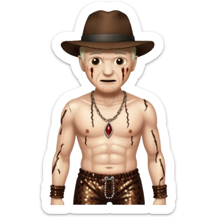 Freddy Krueger with burned skin, dark brown sequin baggy pants, shirtless with necklace sticker