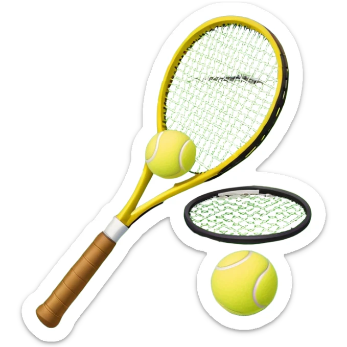 A tennis racket and a ball placed on the ground, with a tennis court in the background. The court lines and net are visible, emphasizing the structure and focus of the sport, creating a dynamic and energetic vibe. sticker