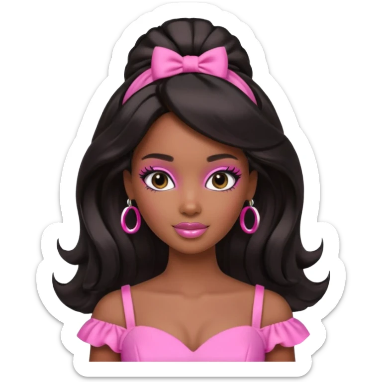 black barbie. half up half down hair, pink dress, perfect makeup and super pretty sticker