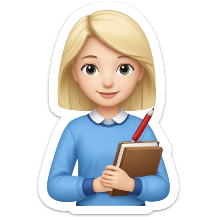 cute girl, glass, smart, Sky-blue colored clothing,
holding a book in one arm and a pen in the other hand. sticker