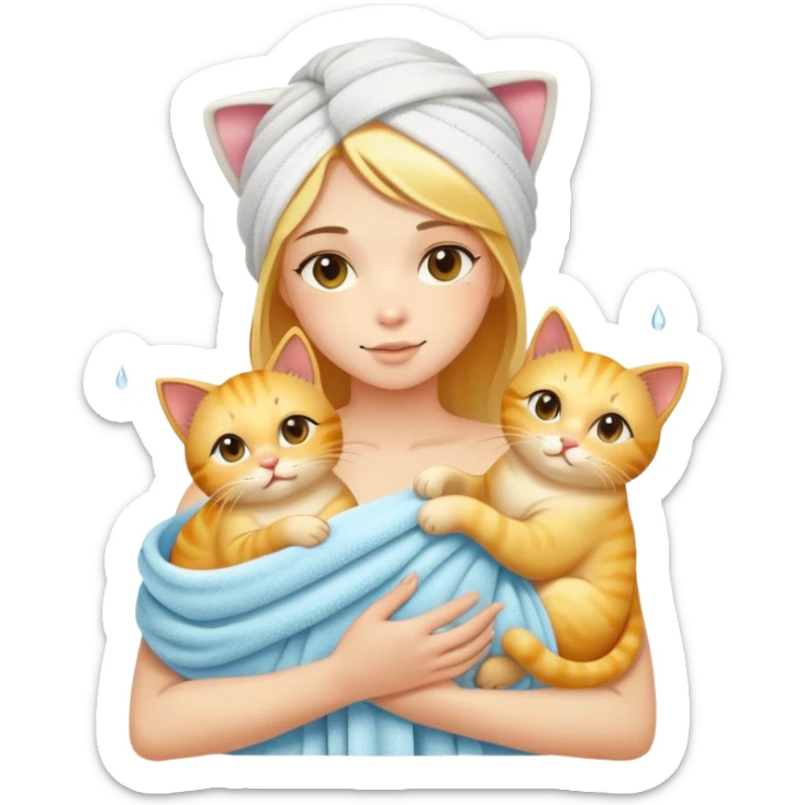 A beautiful girl with fair skin - just finished taking a shower - wrapped in a bath towel and holding a golden gradient cat sticker