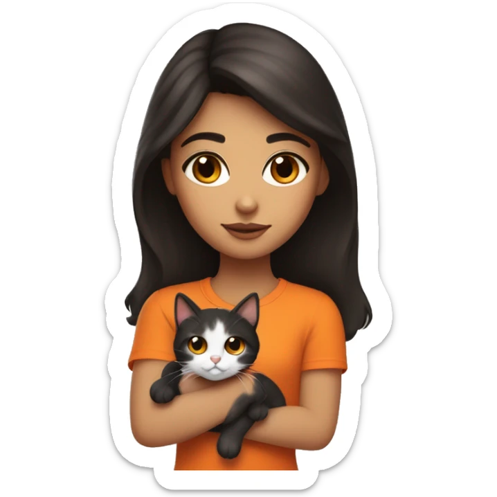 Brunette girl with brown eyes, holding a tricolor cat with black, white and orange furry. Cat hairs are black in one side of its face and orange in the other side of its face. sticker