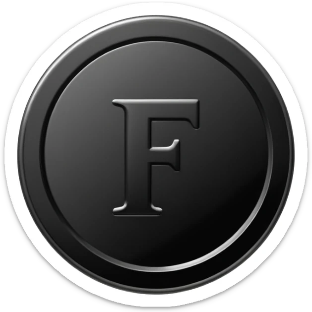 Emoji icon of a black coin with engraved letter F, minimalist style, isolated, no color sticker
