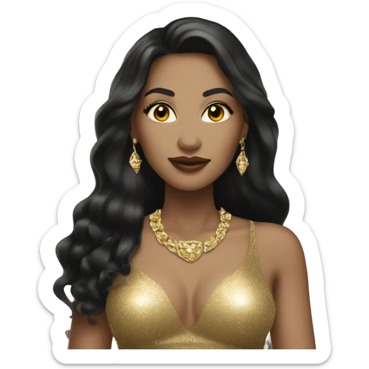 light skin woman with long black hair in gold sparkle dress with gold jewelry sticker
