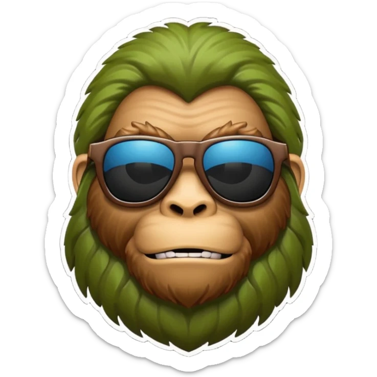 Bigfoot emoji, sunglasses, apple-style emoji, clean lines, simple and bold sticker