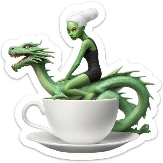 Photo realistic, alien female green,  on ride white china dragon infinite story sticker