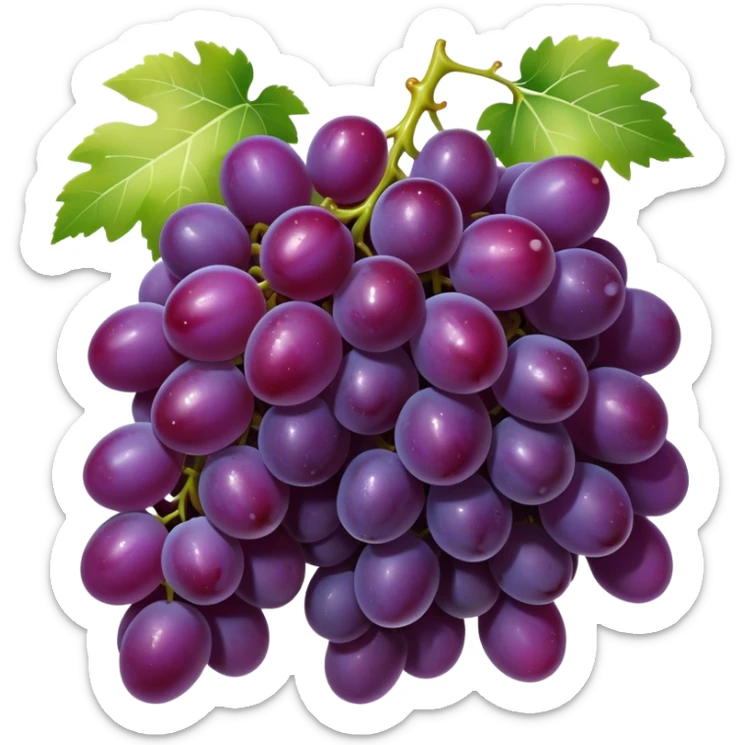 Cinematic glossy purple grapes, plump and dewy, gathered in a beautiful cluster, deep rich hues, ultra-detailed, fresh and juicy, soft glowing light. sticker