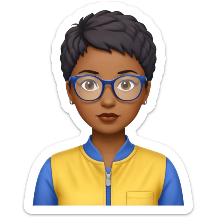 stern Black woman with short textured hair, glasses, wearing blue and yellow jumpsuit, front-facing sticker