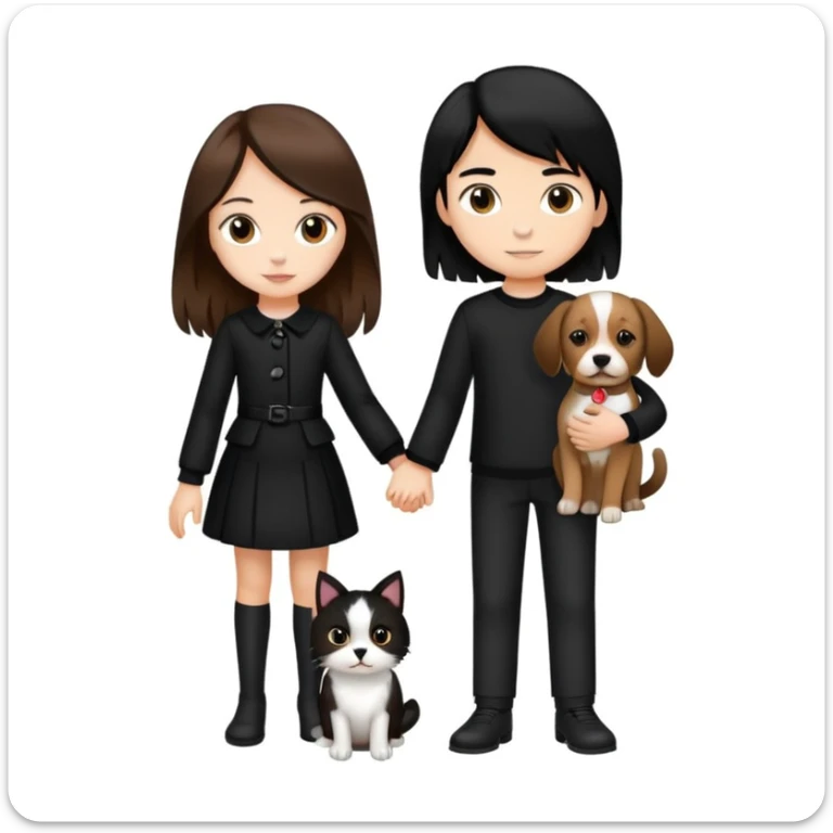 A girl with long brown hair holding the hand of a boy with black hair, both dressed in black, holding a cat and dog sticker