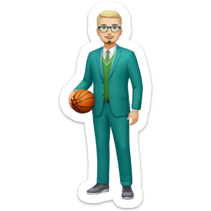 Full Body white male plus size wearing glasses with a goatee with light blonde and gray very short hair happy basketball head Coach in blue and green suit sticker