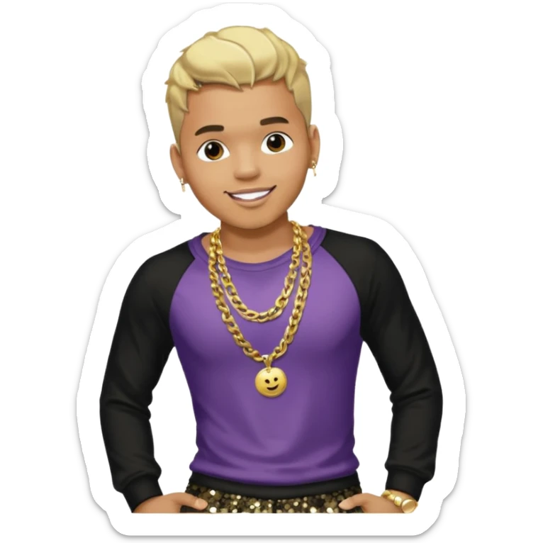 Chris Brown with blonde hair, black sequin baggy pants, shirtless with necklace sticker