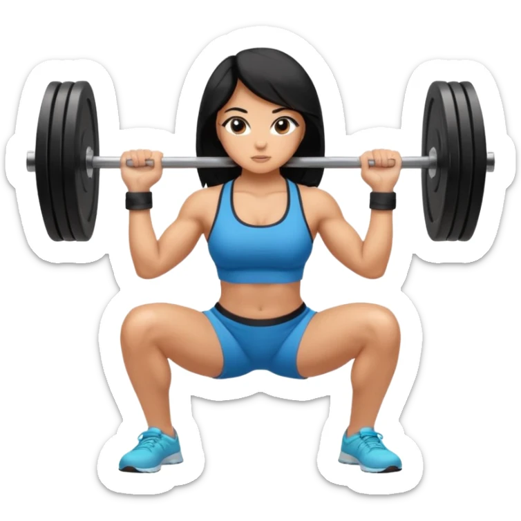 Fitness girl doing the squat with bar and weight, black hair sticker