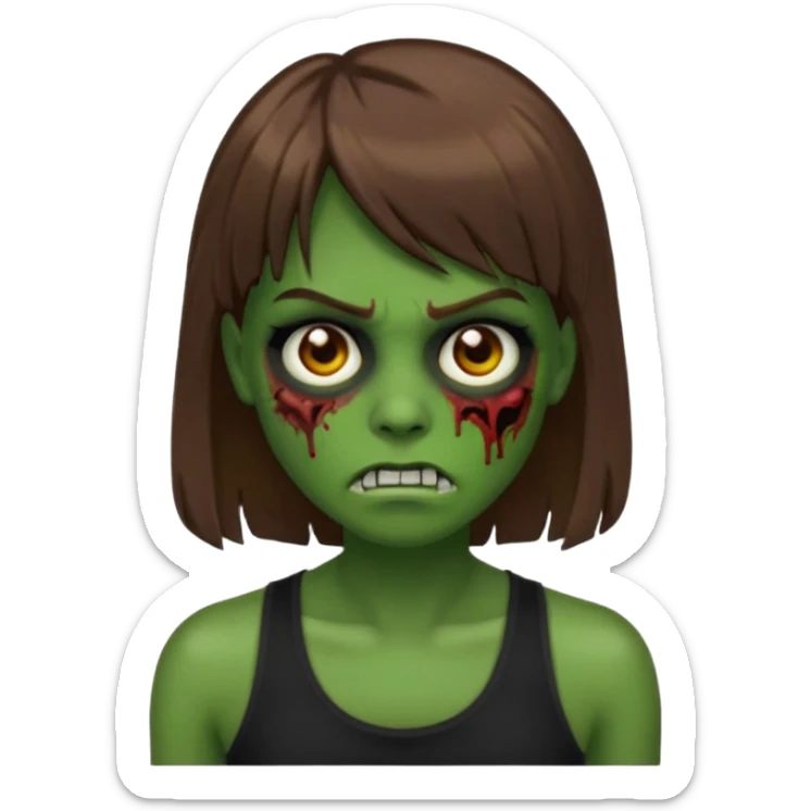 Crie um emoji de zumbi do iphone que tenha o cabelo castanho médio, de cumprimento no peito, que tenha uma franja no tamanho da sobrancelha, com os olhos escuros e que use uma regata preta sticker