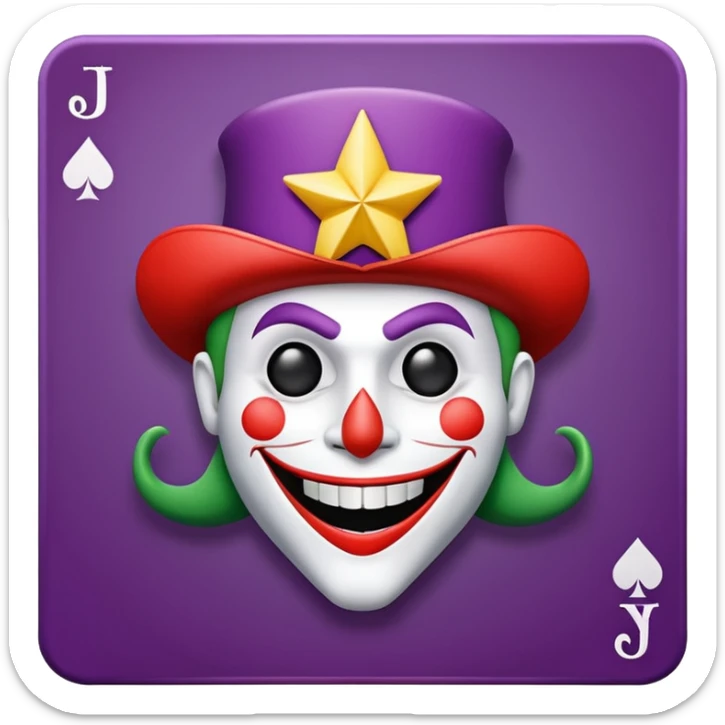 1 poker card, perfectly squared card, with crazy colorful human jolly joker inside, star symbol with a "J" sticker