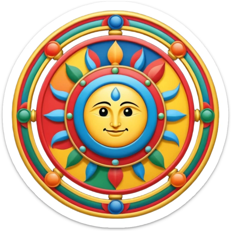 Tibetan Wheel of Life emoji, blending Bhavachakra with vibrant colors and spiritual symbols, harmonious culturally rich style sticker