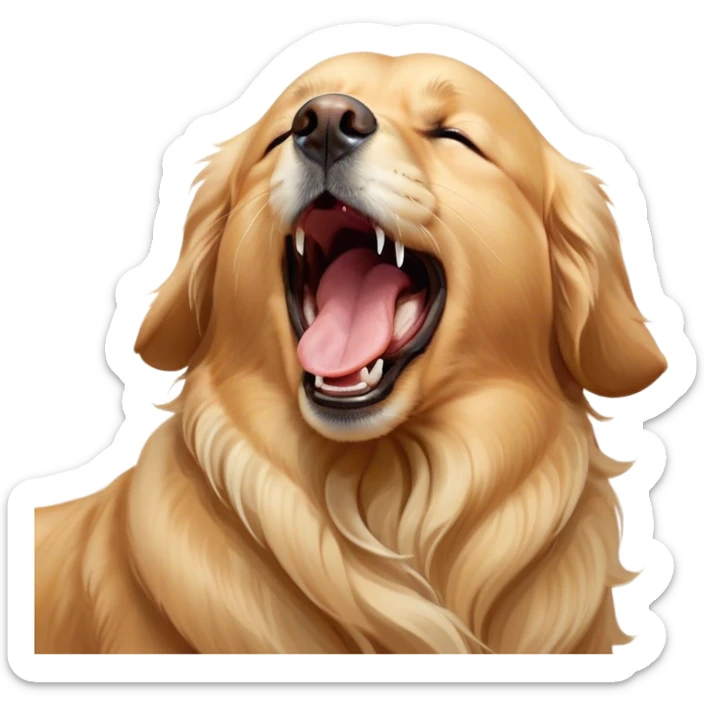 Cinematic Cute Yawning Golden Retriever Portrait Emoji, Head tilted slightly with a dramatic, wide-open yawn, revealing a silky golden coat with a subtle shimmer, floppy ears slightly drooping, round brown eyes barely open in drowsy contentment, Simplified yet irresistibly adorable features, highly detailed, glowing with a soft, cozy glow, high shine, relaxed yet expressive, stylized with a touch of whimsy, bright and endearing, soft glowing outline, capturing the essence of a sleepy yet affectionate companion, so drowsy it feels like it could stretch out of the screen and curl up for a nap! sticker