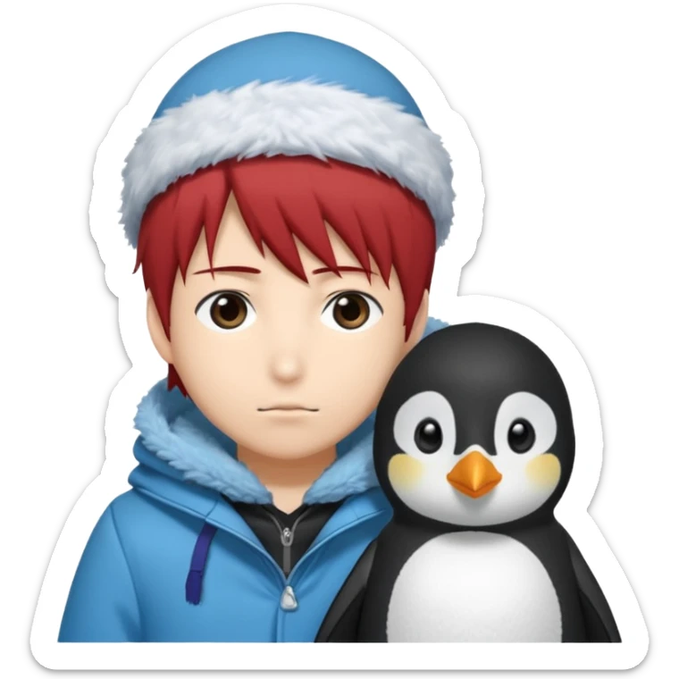 Winter penguin lying on Akashi Seijūrō’s shoulder with Akashi wearing winter clothes ans Akashi Seijuro from kuroko no basuke anime sticker