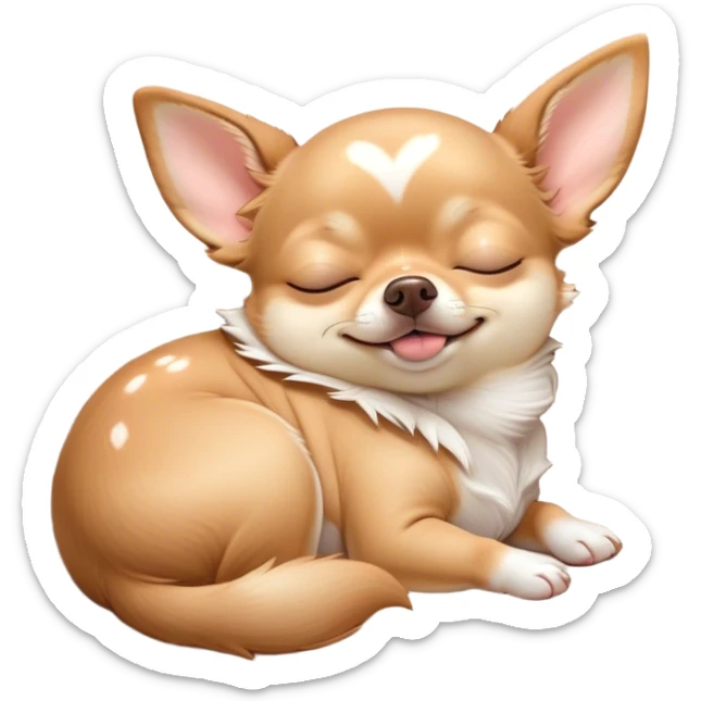 Cinematic Meme-Worthy Chubby Sleeping Fawn Chihuahua Portrait Emoji, Head resting peacefully with a contented smile, showcasing a delightfully chubby build and a luxuriously soft fawn coat, eyes shut in a serene nap, Simplified yet hilariously adorable features, highly detailed, glowing with a soft, drowsy light, high shine, relaxed and utterly lovable, stylized with an air of playful laziness, bright and heartwarming, soft glowing outline, capturing the essence of a comically sleepy Fawn Chihuahua, so meme-worthy it feels like it could instantly become the next viral sensation of adorable slumber! sticker