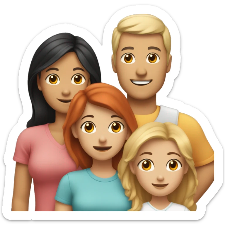 A family of 5 with the dad having black hair, the mom having brown hair, the oldest daughter having blonde hair, the second older daughter having red hair, the youngest boy having light red hair, and a white dog sticker